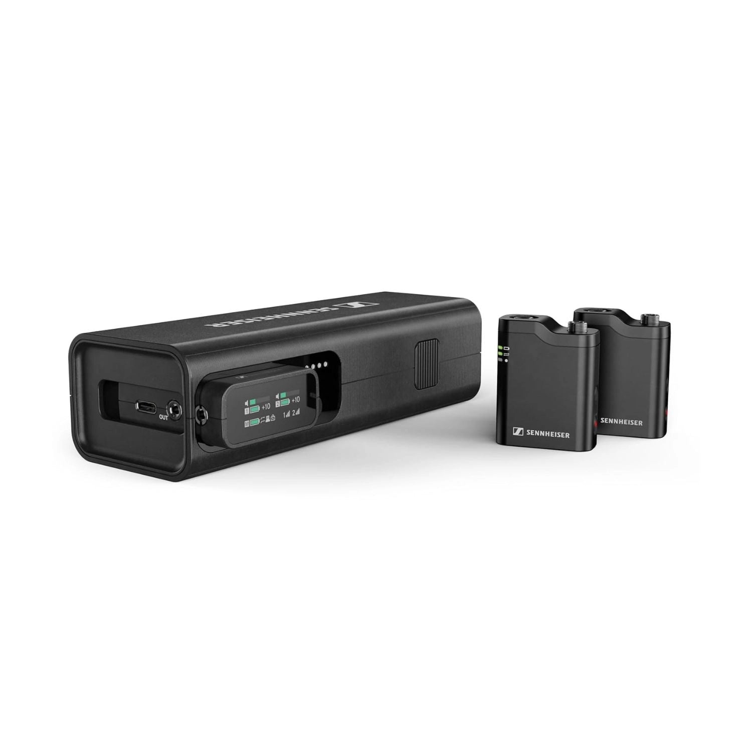 Sennheiser wireless microphone system: all-in-one receiver with display and handheld transmitter